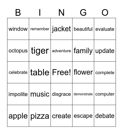 Multi Syllable Bingo Card