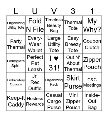 Thirty-One BINGO Card