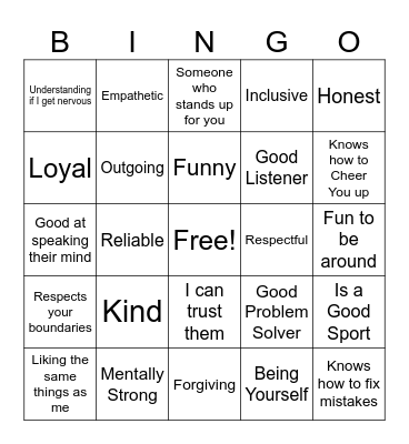 Friendship Qualities Bingo Card