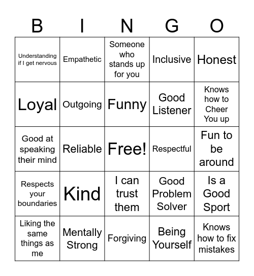 Friendship Qualities Bingo Card