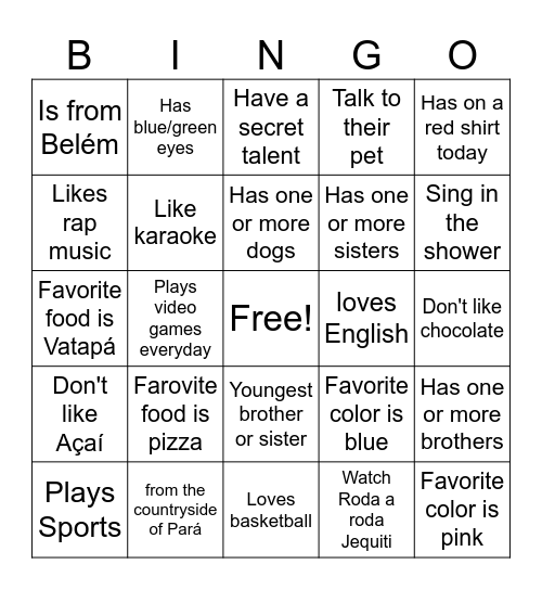 All About Me Bingo Card
