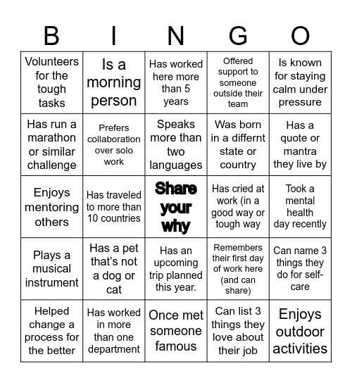 Outward Mindset – Get to Know You Bingo Card