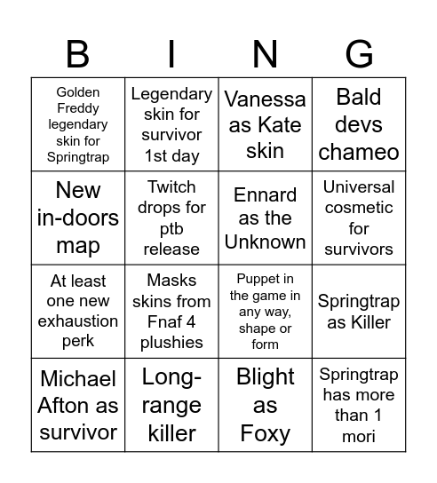 DbD Springtrap Chapter Bingo Card