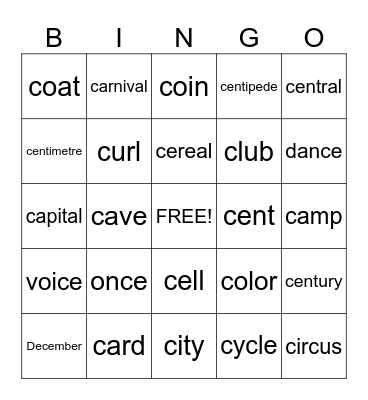Hard and soft 'c' Bingo Card