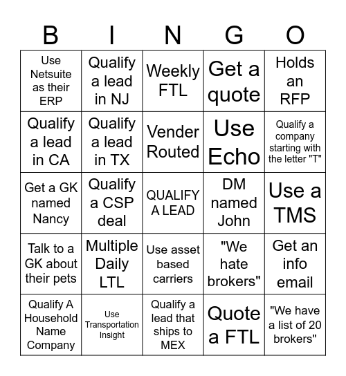 FREIGHT BINGO Card
