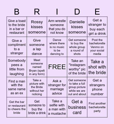 Cristin's Bachelorette Party Bingo Card
