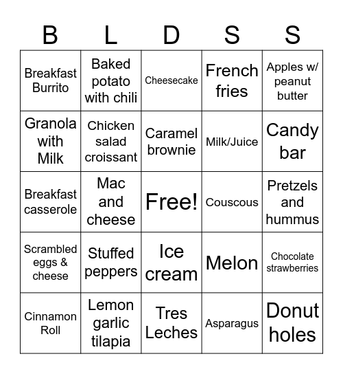 Meal Planning Bingo Card