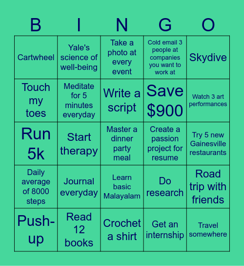 New Year's Resolutions Bingo Card