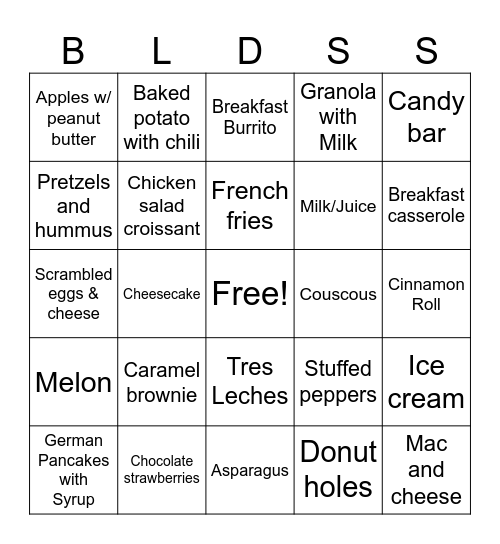 Meal Planning Bingo Card