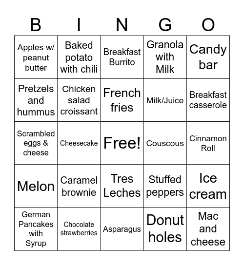 Meal Planning Bingo Card