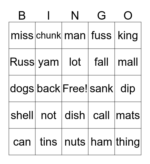 Wilson 1.3 - 2.1 Words Bingo Card
