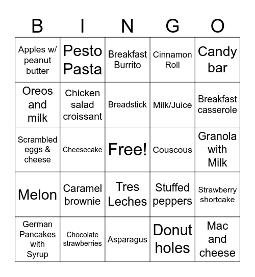 Meal Planning Bingo Card