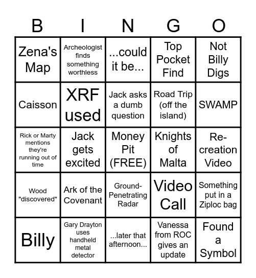 S12 E21  Curse of Oak Island  4/22/25 Bingo Card