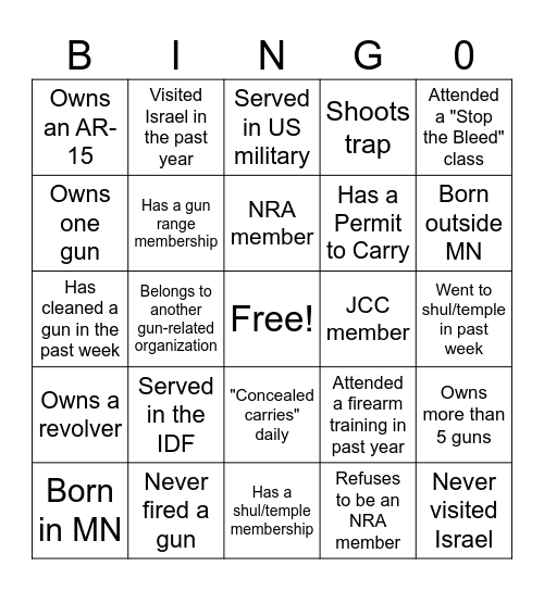 Jewish Firearms Owner Bingo Card