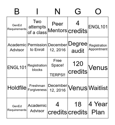 Registration Information Bingo Card