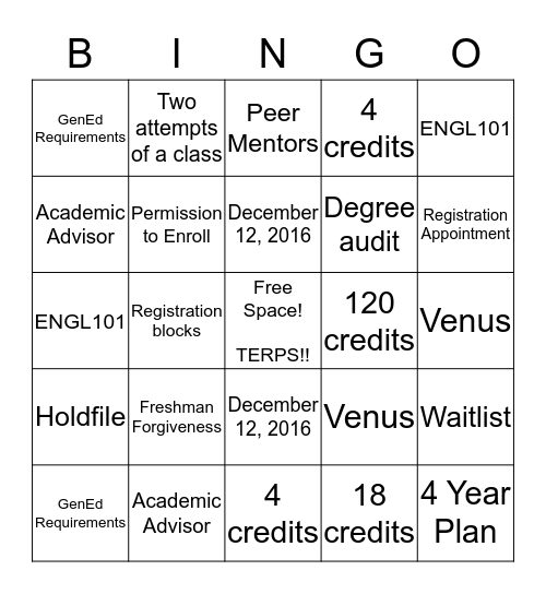 Registration Information Bingo Card