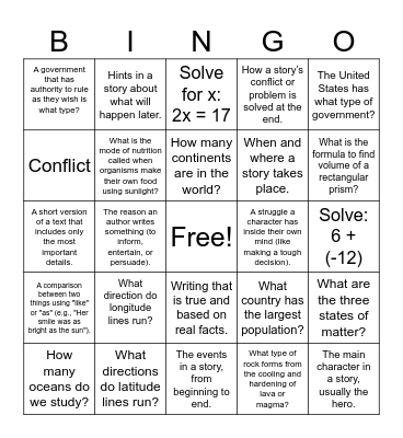 6th Grade Bingo Card