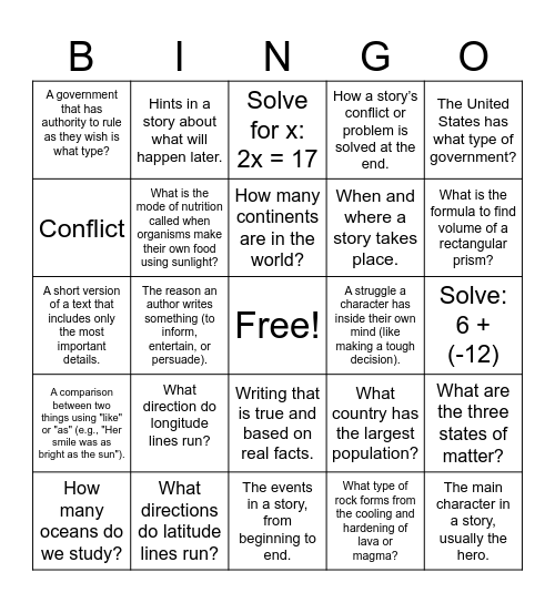 6th Grade Bingo Card