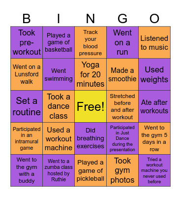 Exercise Bingo Card