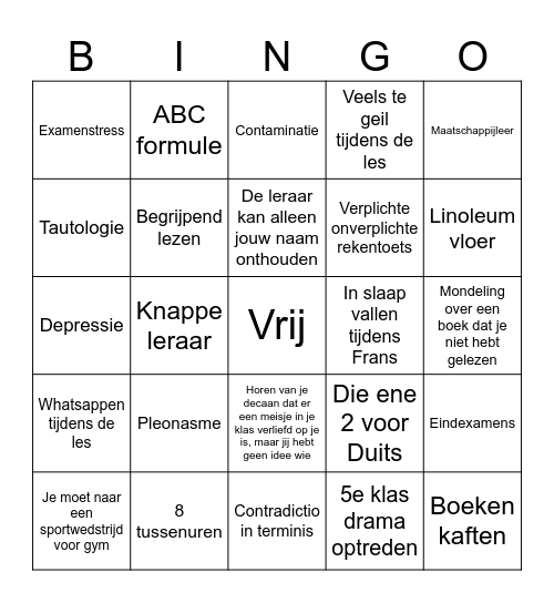 Middelbare school trauma's Bingo Card