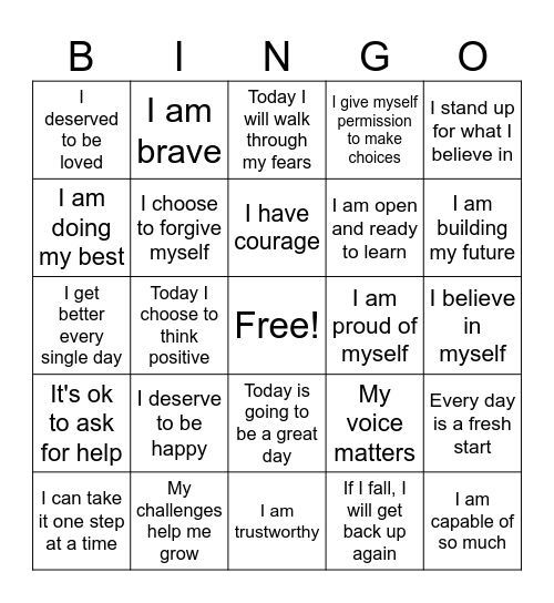 Positive Affirmations Bingo Card