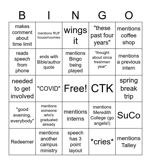 RUF Senior Night! Bingo Card