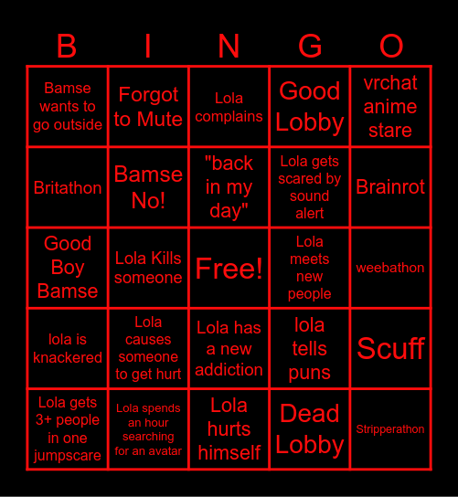 Lolathon Vrchat Bingo Card