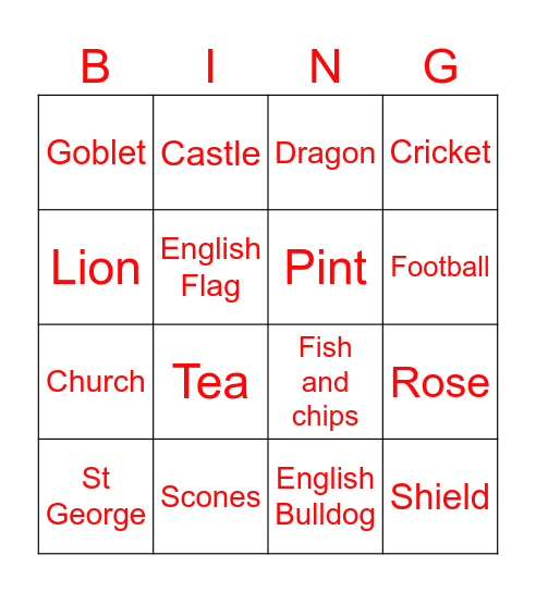 St George’s Day Bingo Card