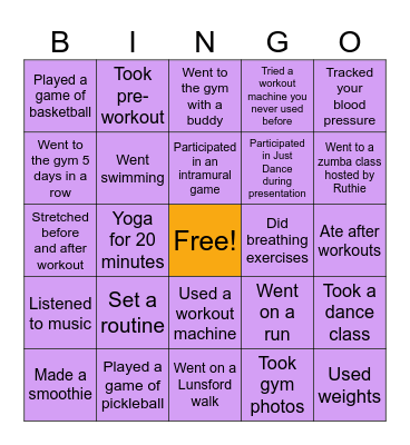 Exercise Bingo Card