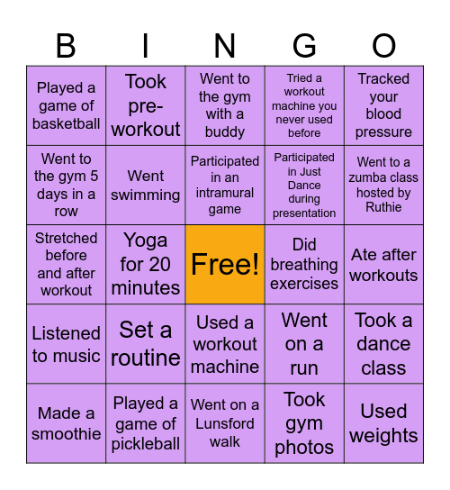 Exercise Bingo Card
