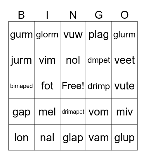 nonsense words Bingo Card