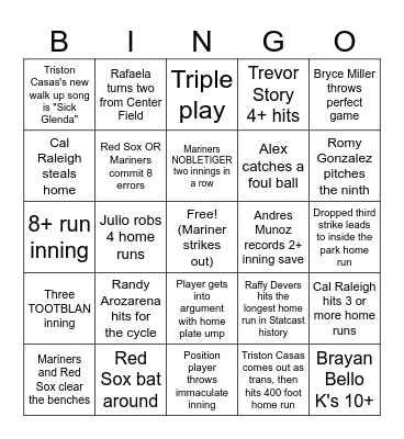Tuesday, April 22nd; Mariners at Red Sox Bingo Card