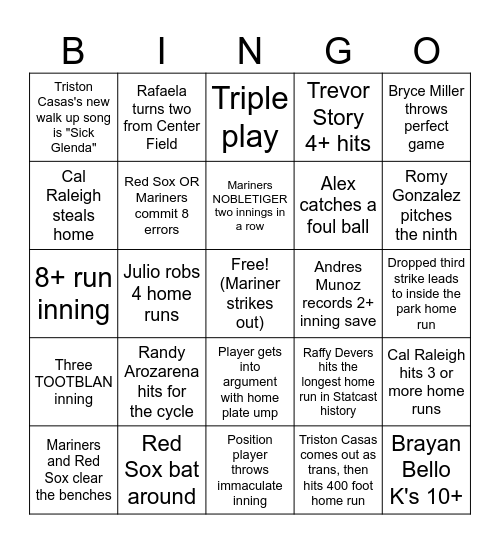 Tuesday, April 22nd; Mariners at Red Sox Bingo Card