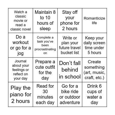 Weekly Achievement Tracker Bingo Card