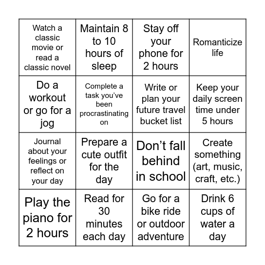 Weekly Achievement Tracker Bingo Card