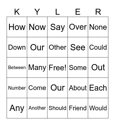 Kyler's Sight Words Bingo Card