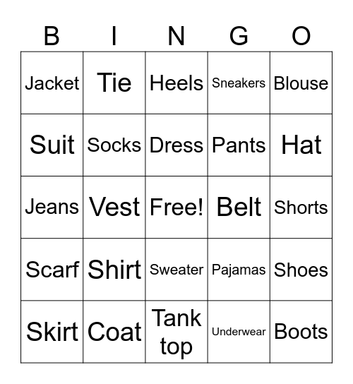 Clothing Bingo Card