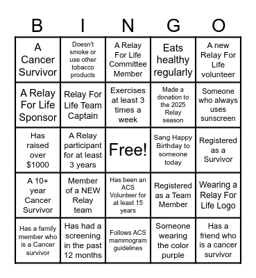 Relay For Life of Pott Co 2025 Bingo Card