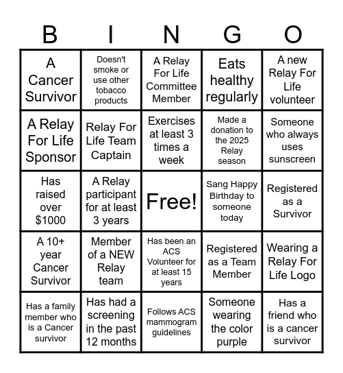 Relay For Life of Pott Co 2025 Bingo Card