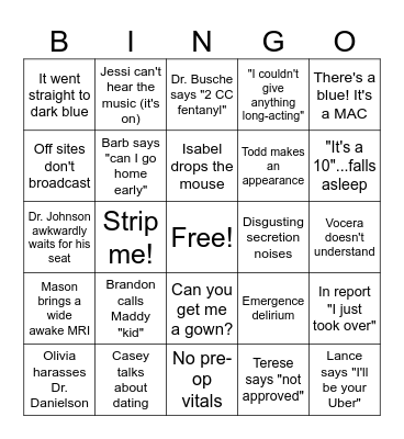 PACU Bingo Card
