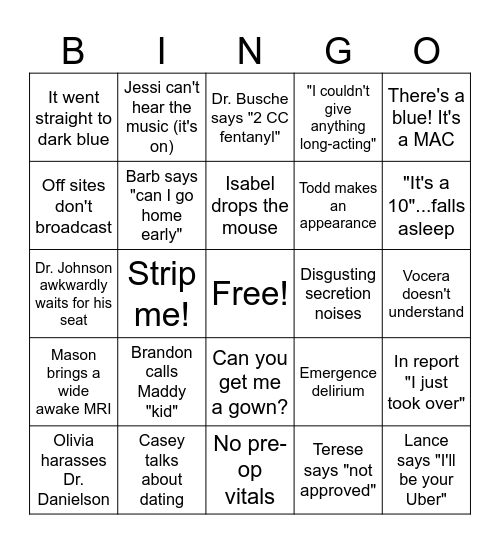 PACU Bingo Card