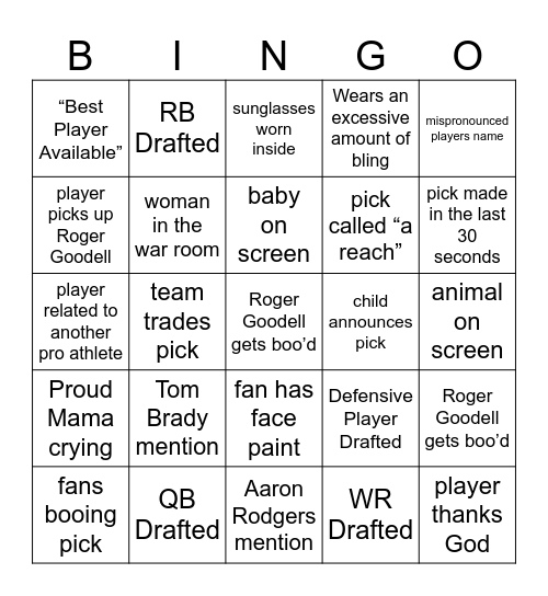 2025 NFL DRAFT BINGO Card