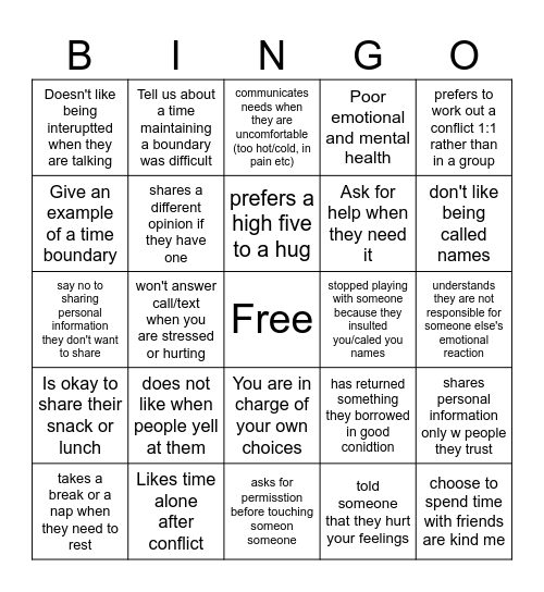 Boundaries Bingo Card