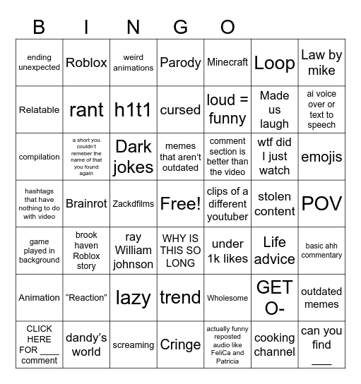 YT SHORTS Bingo Card