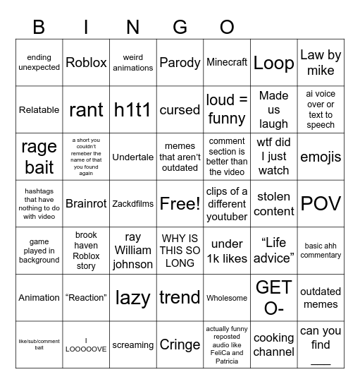 YT SHORTS Bingo Card