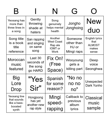 Ateez Comeback Bingo Card