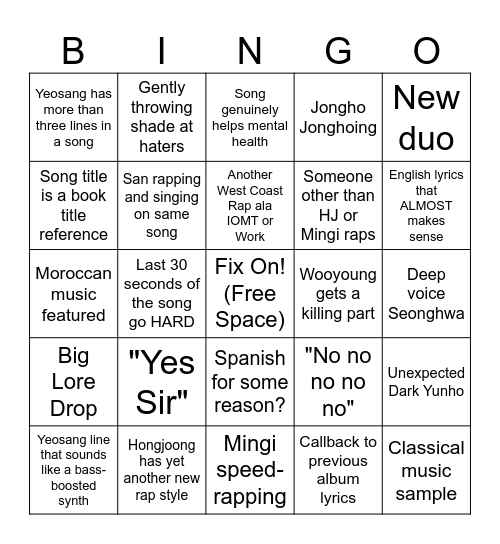Ateez Comeback Bingo Card