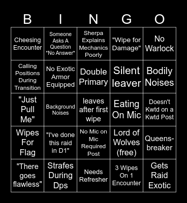 Destiny 2 Raids Bingo Card