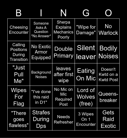 Destiny 2 Raids Bingo Card