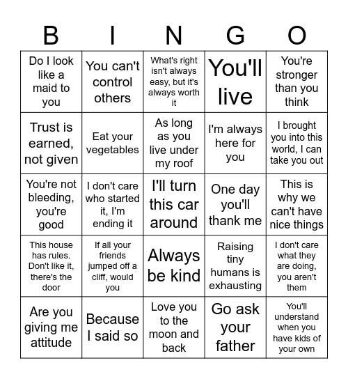 Mothers Sayings Bingo Card